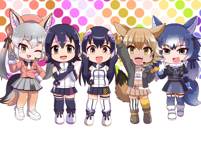 5girls absurdres african_penguin_(kemono_friends) animal_costume animal_ear_fluff animal_ears black_hair blonde_hair blue_hair coyote_(kemono_friends) dire_wolf_(kemono_friends) gloves hat highres humboldt_penguin_(kemono_friends) island_fox_(kemono_friends) kemono_friends kemono_friends_v_project long_hair looking_at_viewer multiple_girls open_mouth rakugaki_arai ribbon short_hair simple_background skirt smile twintails virtual_youtuber