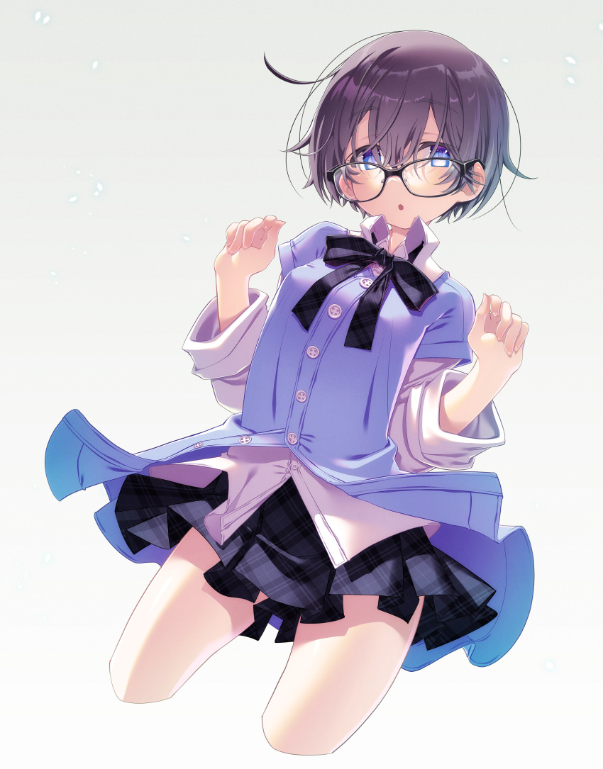 1girl :o absurdres bangs black-framed_eyewear black_bow black_hair black_skirt blue_eyes bow breasts collared_shirt commentary_request cropped_legs dress_shirt eyebrows_visible_through_hair glasses grey_background hair_between_eyes hands_up highres jacket layered_sleeves long_sleeves looking_at_viewer original parted_lips plaid plaid_bow plaid_skirt pleated_skirt purple_jacket sakuya_tsuitachi shirt short_over_long_sleeves short_sleeves simple_background skirt small_breasts solo white_shirt