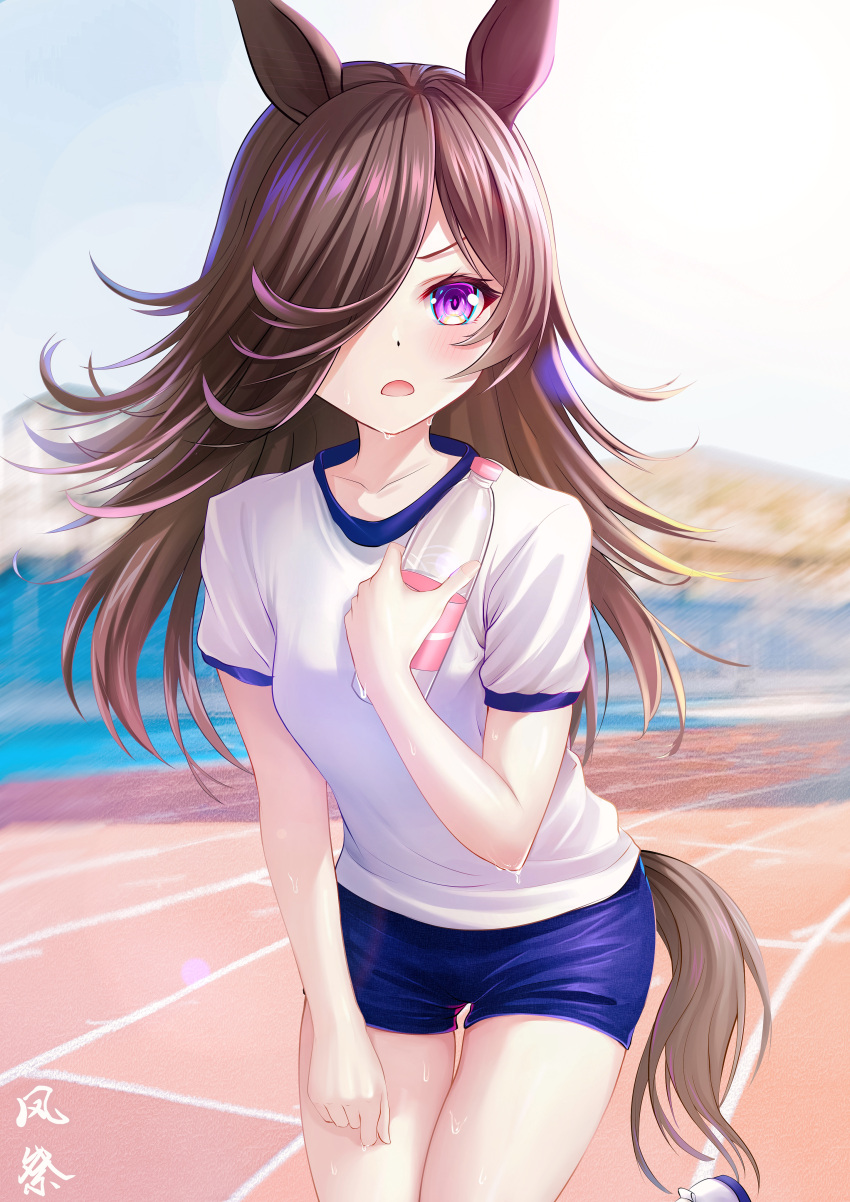 brown_hair buruma dripping field gym_uniform holding horse_ears horse_girl horse_tail long_hair one_eye_covered purple_eyes rice_shower_(umamusume) short_shorts sweat umamusume water water_bottle