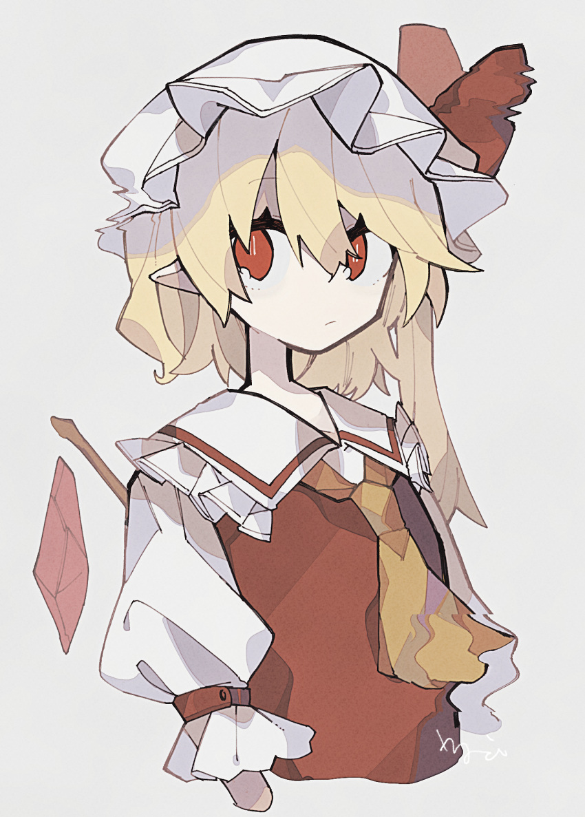 1girl :/ ascot blonde_hair bow closed_mouth collared_shirt commentary cropped_torso crystal flandre_scarlet frilled_shirt_collar frills hair_between_eyes hat hat_bow highres looking_at_viewer mamimu_(ko_cha_22) medium_hair mob_cap pointy_ears puffy_short_sleeves puffy_sleeves red_bow red_eyes red_vest shirt short_sleeves side_ponytail solo touhou upper_body vest white_headwear white_shirt wings yellow_ascot