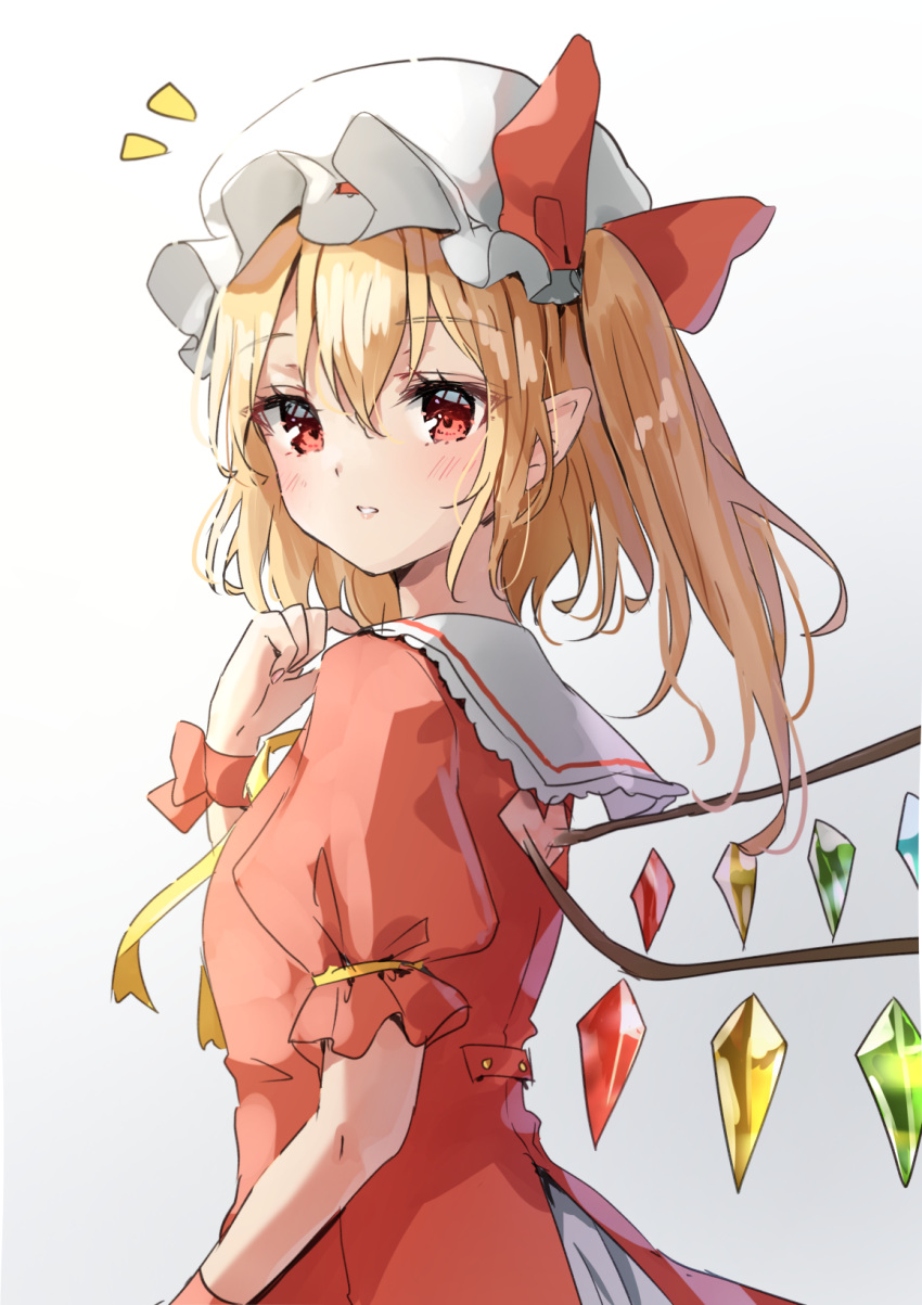 1girl adapted_costume bangs blonde_hair blush bow crystal dress eyebrows_visible_through_hair flandre_scarlet gradient gradient_background grey_background hair_between_eyes hat hat_bow hat_ribbon highres long_hair looking_at_viewer mob_cap parted_lips pointy_ears puffy_short_sleeves puffy_sleeves red_dress red_eyes red_ribbon ribbon shironeko_yuuki short_sleeves simple_background solo touhou upper_body white_background wings wrist_cuffs