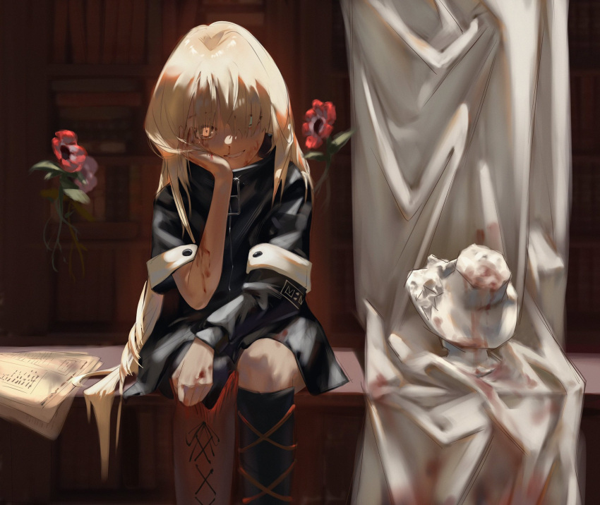 1girl anemone_(flower) asymmetrical_sleeves black_coat blood blood_on_hands blood_stain blue_eyes boots coat creature curtains familiar flower grey_hair grin hair_over_one_eye heterochromia highres isekai_joucho kamitsubaki_studio long_hair looking_at_viewer nosebleed red_eyes sitting sketch smile statue suzukasuraimu uneven_sleeves very_long_hair virtual_youtuber