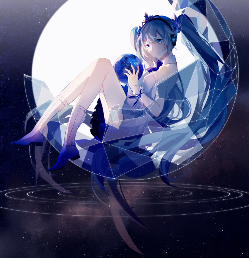 1girl absurdres aqua- bangs bare_shoulders blue_bow blue_bowtie blue_dress blue_eyes blue_footwear blue_hair blue_nails boots bow bowtie broken commentary crystal dress eyebrows_behind_hair from_side full_moon gradient gradient_dress gradient_legwear hatsune_miku headphones highres holding knee_boots knees_up legs light_smile long_hair looking_at_viewer looking_to_the_side moon sitting sky sleeveless sleeveless_dress solo star_(sky) starry_sky twintails vocaloid waves white_dress white_footwear