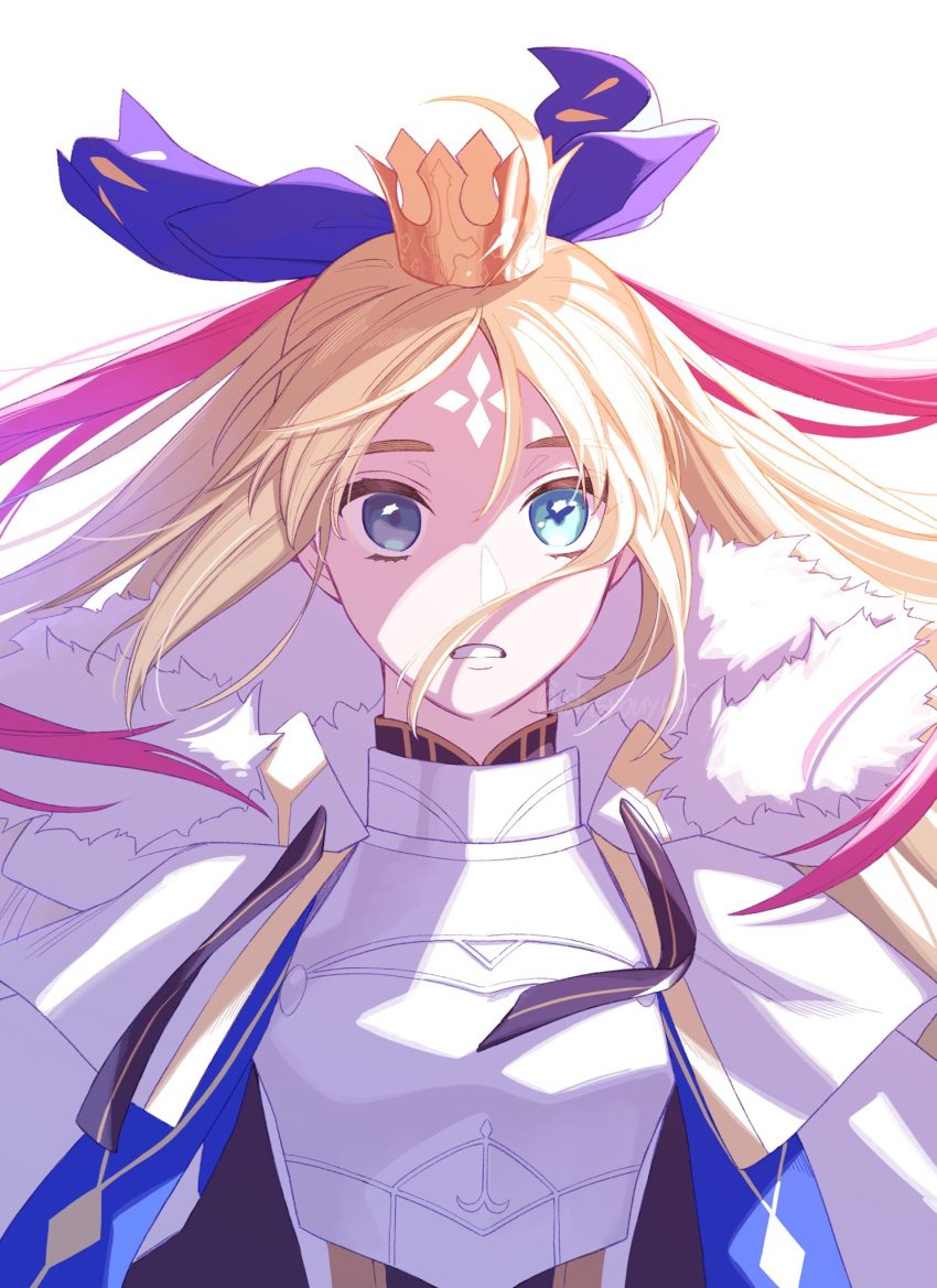 1girl artoria_caster_(third_ascension)_(fate) bangs blonde_hair crown facial_mark fate/grand_order fate_(series) forehead forehead_mark green_eyes highres parted_bangs shayubi simple_background white_background