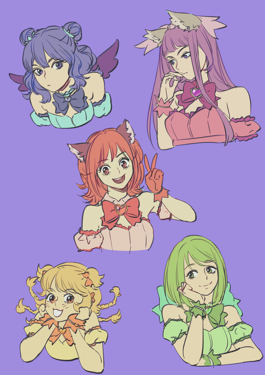 5girls absurdres aizawa_mint animal_ears blonde_hair blue_hair cat_ears cropped_torso fong_pudding fujiwara_zakuro gloves green_eyes green_hair hand_on_own_cheek hand_on_own_face hand_to_own_mouth hands_on_own_cheeks hands_on_own_face highres looking_at_viewer mew_lettuce mew_mint mew_pudding mew_zakuro midorikawa_lettuce momomiya_ichigo multiple_girls open_mouth orange_eyes purple_background purple_hair purple_wings red_eyes red_gloves redhead smile suyohara tokyo_mew_mew_new v wings wolf_ears