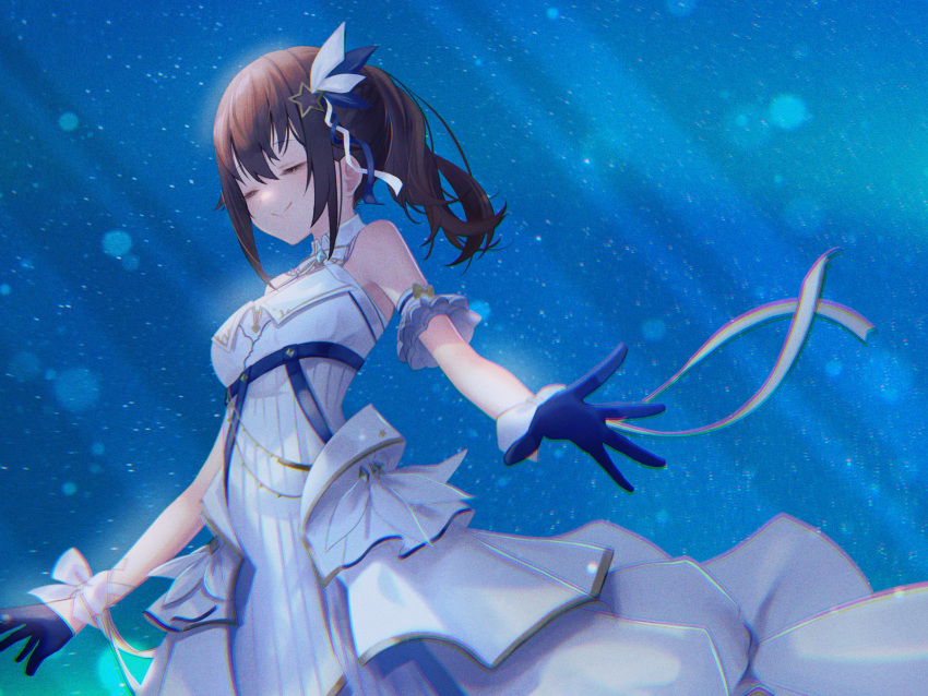 1girl alternate_costume bare_shoulders black_gloves breasts brown_hair closed_eyes commentary dress gloves hair_ornament highres hololive long_hair official_alternate_costume ponytail ribbon side_ponytail smile solo star_(symbol) star_hair_ornament starry_background tokino_sora virtual_youtuber white_dress yoruillust