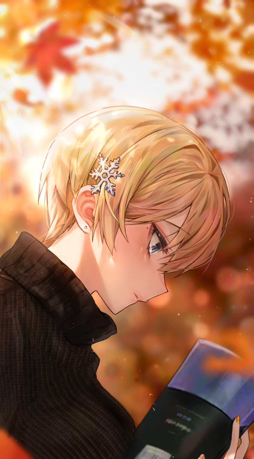 1girl absurdres autumn_leaves bangs black_sweater blonde_hair blue_eyes blurry blurry_background book breasts earrings girls_frontline hair_ornament highres holding holding_book jewelry large_breasts looking_down mole mole_under_eye nail_polish open_book orange_nails polla reading snowflake_hair_ornament solo sweater symbol-only_commentary turtleneck turtleneck_sweater upper_body vsk-94_(girls'_frontline)