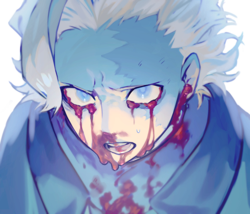 1boy asymmetrical_bangs bangs belafu_(human) blood blood_from_ears blood_from_eyes blood_on_clothes blue_eyes blue_theme burn_scar commentary_request face highres looking_at_viewer made_in_abyss male_focus maromayu nosebleed open_mouth scar scar_on_face simple_background sketch solo white_background white_hair