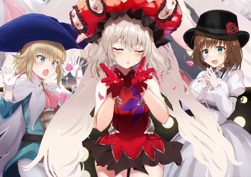 1other 2girls blonde_hair blowing_kiss braid breasts brown_hair cape charlotte_corday_(fate) chevalier_d'eon_(fate) closed_eyes dress fate/grand_order fate_(series) flower fukiya_(fumiakitoyama) gloves hat hat_flower highres large_breasts long_hair marie_antoinette_(fate) multiple_girls red_dress red_gloves surprised twintails uma_pyoi_densetsu white_dress white_gloves white_hair