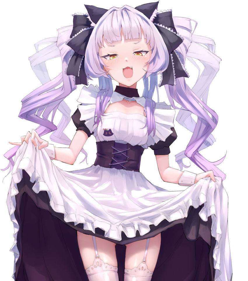 1girl :d animal_ear_fluff apron bangs black_dress black_ribbon blunt_bangs blush clothes_lift cowboy_shot dress dress_lift extra_ears fang frilled_apron frills garter_straps hair_ribbon highres hololive lifted_by_self long_hair mitsuru_(pixiv_34028718) murasaki_shion puffy_short_sleeves puffy_sleeves purple_hair ribbon short_eyebrows short_sleeves smile solo standing thigh-highs very_long_hair virtual_youtuber white_apron white_legwear wrist_cuffs yellow_eyes