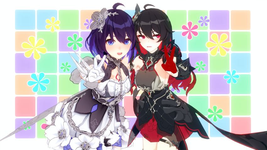 2girls ahoge bangs biscuit_(yend4758) black_hair blue_eyes blue_hair blush chain dress dual_persona floral_background flower gloves hair_flower hair_ornament half_gloves highres honkai_(series) honkai_impact_3rd keyhole koikatsu_(medium) long_hair looking_to_the_side multicolored_hair multiple_girls open_mouth purple_hair red_eyes red_gloves redhead seele_(alter_ego) seele_vollerei seele_vollerei_(starchasm_nyx) seele_vollerei_(stygian_nymph) short_hair tile_background two-tone_hair v white_gloves