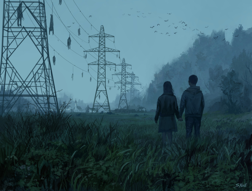 1boy 1girl absurdres bird black_jacket church commentary corpse denim english_commentary fog forest from_behind grass hanged highres holding_hands horror_(theme) jacket jeans long_hair nature original outdoors pants power_lines short_hair signature skirt stefan_koidl transmission_tower