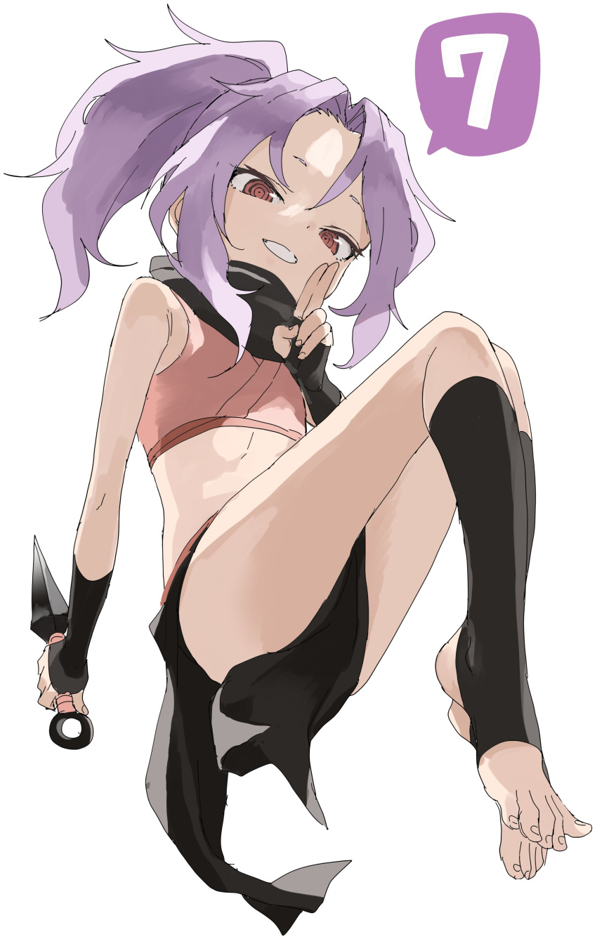 1girl absurdres bangs bare_shoulders black_gloves black_legwear commentary_request crop_top fingerless_gloves forehead full_body gloves grin hand_up highres holding holding_weapon kneehighs kuji-in kunai kunoichi_tsubaki_no_mune_no_uchi looking_at_viewer no_shoes parted_bangs pelvic_curtain ponytail purple_hair red_eyes ringed_eyes sazanka_(kunoichi_tsubaki_no_mune_no_uchi) sidelocks simple_background smile solo stirrup_legwear toeless_legwear toeless_socks weapon white_background yamamoto_souichirou