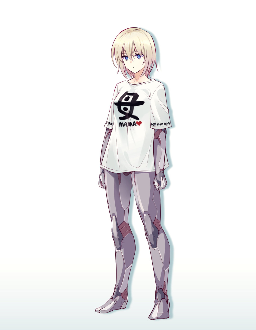 1girl absurdres android bad_link blonde_hair blue_eyes highres ishiyumi kanji mechanical_arms mechanical_buddy_universe mechanical_legs momdroid_(mechanical_buddy_universe) shirt short_hair t-shirt white_shirt