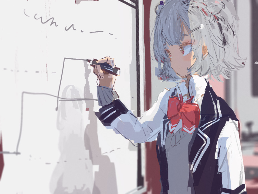 1girl blazer board bow bowtie cevio classroom commentary double_bun grey_hair grey_sweater hair_ornament hairclip hand_up highres holding holding_marker indoors jacket kabuyama_kaigi koharu_rikka marker pink_bow pink_bowtie pink_eyes scribble short_hair sidelighting sketch solo standing sweater synthesizer_v whiteboard writing