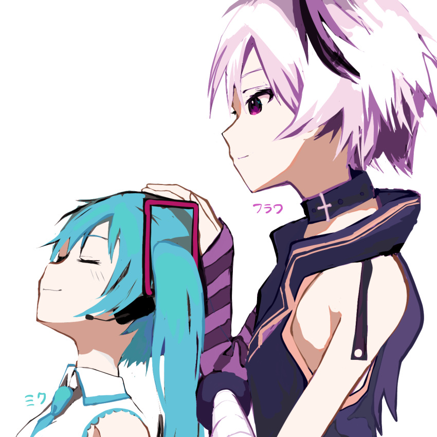 2girls aqua_hair aqua_necktie arm_warmers bandaged_arm bandages belt_collar character_name closed_eyes collar commentary flower_(vocaloid) flower_(vocaloid4) from_side hair_ornament hand_on_another's_head hatsune_miku headphones headset highres ienu jacket leaning_back long_hair looking_at_another multicolored_hair multiple_girls necktie purple_hair purple_jacket shirt short_hair simple_background single_arm_warmer sleeveless sleeveless_jacket sleeveless_shirt smile streaked_hair twintails upper_body violet_eyes vocaloid white_background white_hair white_shirt