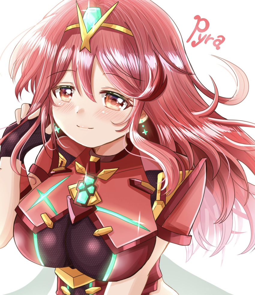 1girl alternate_hair_length alternate_hairstyle bangs black_gloves breasts chest_jewel earrings eyebrows_visible_through_hair fingerless_gloves gem gloves headpiece highres jewelry large_breasts pitapita_misya pyra_(xenoblade) red_eyes redhead solo swept_bangs tiara xenoblade_chronicles_(series) xenoblade_chronicles_2