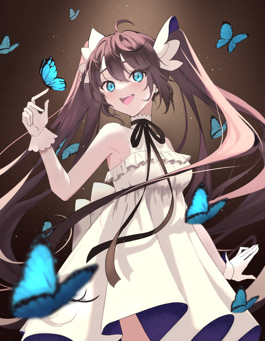 1girl :d ahoge armpits bangs bare_arms blue_butterfly blue_eyes brown_hair bug butterfly butterfly_on_hand dress frills gloves hair_ornament haruwo highres long_hair looking_at_viewer neck_ribbon open_mouth original ribbon sleeveless sleeveless_dress smile solo twintails very_long_hair