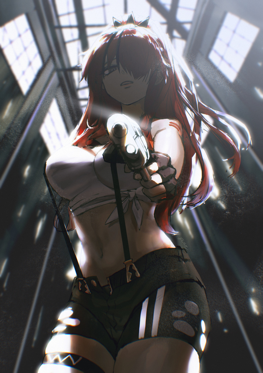 1girl absurdres aiming_at_viewer bandeau bare_shoulders black_hair breasts fingerless_gloves gloves grey_eyes gun hair_over_one_eye highres holding holding_gun holding_weapon impossible_clothes impossible_shirt lain_paterson large_breasts looking_down midriff multicolored_hair navel nijisanji parted_lips ponytail redhead shirt short_shorts shorts skindentation solo streaked_hair suspender_shorts suspenders teeth thigh_strap virtual_youtuber weapon yosihito