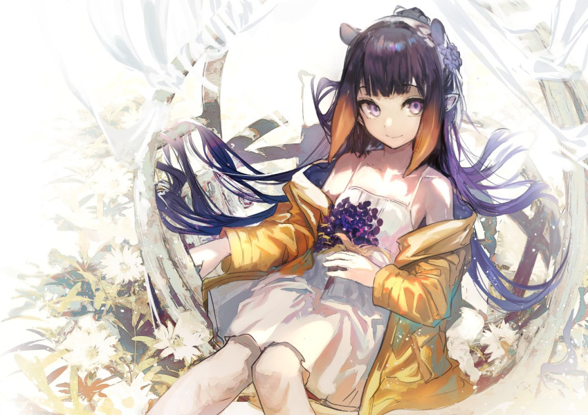 1girl akieda bangs blunt_bangs commentary_request dress eyebrows_visible_through_hair feet_out_of_frame hololive hololive_english jacket long_hair long_sleeves looking_at_viewer ninomae_ina'nis pointy_ears purple_hair sitting smile solo violet_eyes
