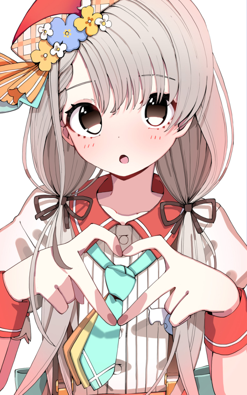 1girl :o absurdres asymmetrical_bangs bangs blush braid braided_bangs collarbone grey_hair hair_ribbon heart heart_hands highres hisakawa_nagi idol idolmaster idolmaster_cinderella_girls looking_at_viewer morumoru_x necktie puffy_short_sleeves puffy_sleeves ribbon short_sleeves simple_background solo twintails upper_body white_background wrist_cuffs