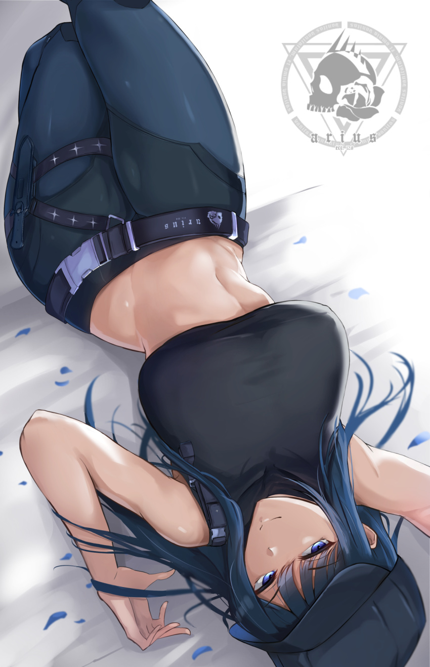 1girl bare_arms bare_shoulders belt black_shirt blue_archive blue_belt blue_eyes blue_hair blue_headwear blue_pants breasts closed_mouth crop_top highres large_breasts long_hair lying midriff on_back pants petals saori_(blue_archive) shirt sleeveless smile solo tyamurai33 upside-down