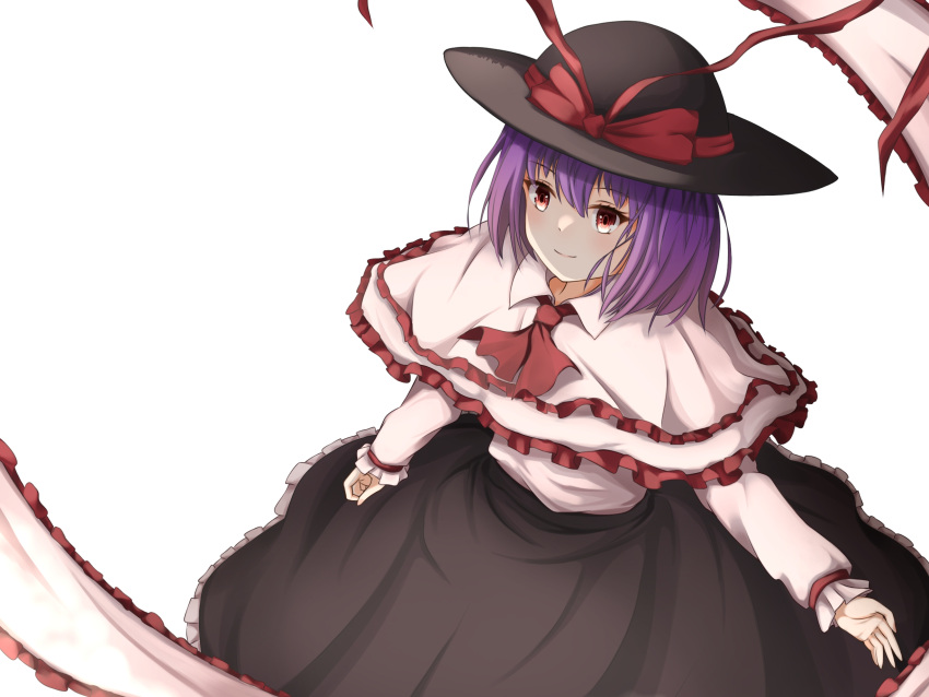 1girl ascot bangs black_headwear black_skirt bow capelet closed_mouth frilled_capelet frilled_shawl frills from_above hat hat_bow hatoman_(ytef4434) highres long_sleeves nagae_iku purple_hair red_ascot red_bow red_eyes shawl shirt short_hair simple_background skirt smile solo touhou white_background white_capelet white_shirt