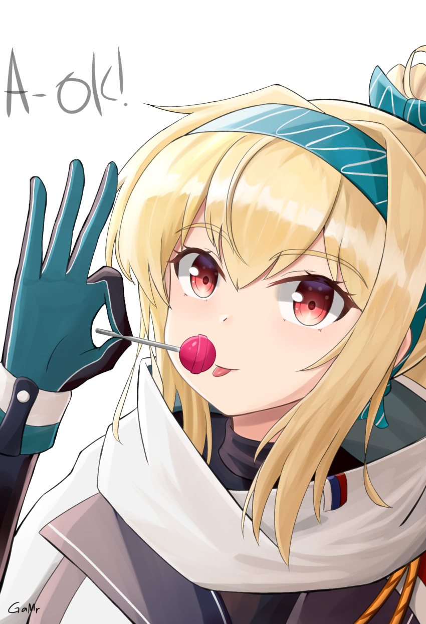 1girl blonde_hair bow candy eyebrows_visible_through_hair food gamryous girls_frontline gloves green_bow green_headwear hair_bow hair_ribbon highres lollipop looking_at_viewer multicolored_clothes multicolored_gloves ok_sign red_eyes ribbon russian_flag scarf smile solo sv-98_(girls'_frontline) tongue turtleneck white_scarf