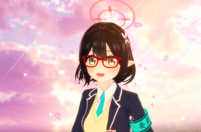 1girl 3d absurdres aqua_necktie armband ayane_(blue_archive) bangs black_hair blazer blue_archive blush braid brown_eyes closed_mouth glasses hair_between_eyes hair_ornament halo headset highres id_card jacket koikatsu_(medium) looking_at_viewer necktie parted_lips pointy_ears red-framed_eyewear school_uniform shirt short_hair simple_background smile solo sweater_vest upper_body user_mpvr3752 white_shirt