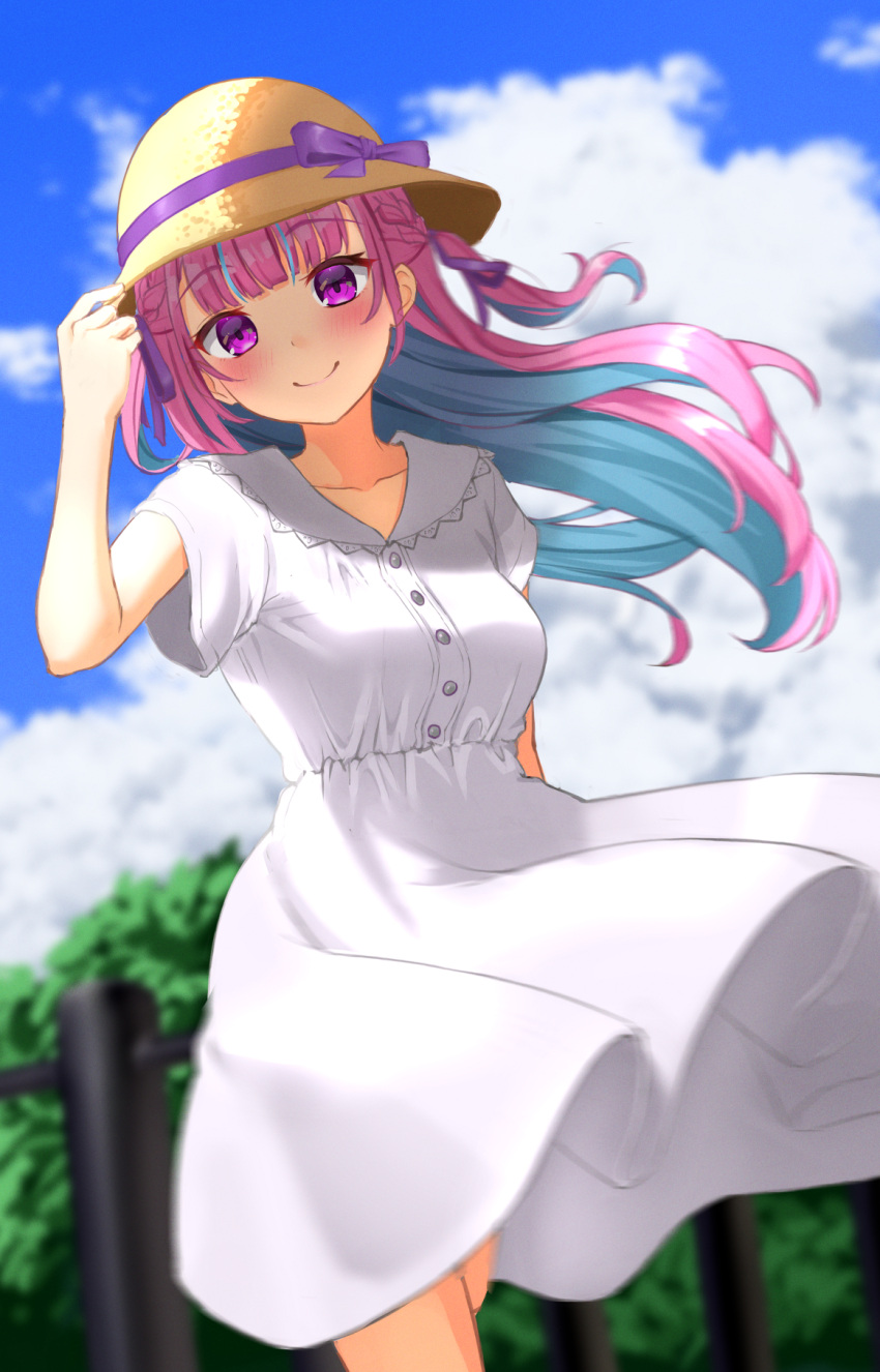 1girl alternate_costume alternate_hairstyle blush braid closed_mouth colored_inner_hair dress feeilll french_braid hand_on_headwear hat highres hololive long_hair looking_at_viewer minato_aqua multicolored_hair one_side_up outdoors purple_hair short_dress short_sleeves smile solo straw_hat sundress two-tone_hair violet_eyes virtual_youtuber white_dress
