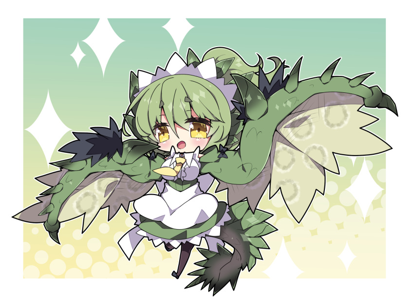 1girl :d apron bangs black_bow black_footwear black_legwear blush bow breasts brown_wings center_frills chibi commentary_request dragon_girl dragon_horns dragon_tail dragon_wings dress eyebrows_visible_through_hair frills full_body green_dress green_hair hair_between_eyes halftone halftone_background highres horns large_breasts milkpanda monster_hunter_(series) necktie pantyhose personification rathian shirt shoes short_eyebrows smile solo sparkle spikes standing standing_on_one_leg tail thick_eyebrows white_apron white_shirt wings yellow_eyes yellow_necktie