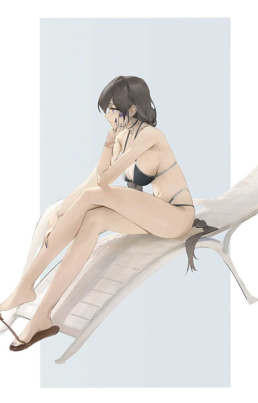 1girl absurdres beach_chair bikini breasts brown_hair closed_mouth crossed_legs dokshuri frown hand_on_own_face hand_on_own_leg highres long_hair medium_breasts navel original sandals sitting swimsuit violet_eyes