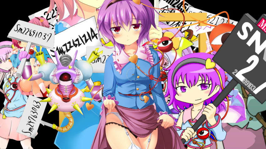 bangs black_hairband blue_shirt blush blush_stickers closed_mouth cookie_(touhou) eyebrows_behind_hair eyebrows_visible_through_hair frills hair_ornament hairband heart heart_hair_ornament komeiji_satori long_sleeves mashiroma_zenima multiple_girls niconico_id pink_skirt purple_hair shirt short_hair sign skirt the_abyss_is_also_looking_here_(nicoseiga11037438) third_eye touhou violet_eyes