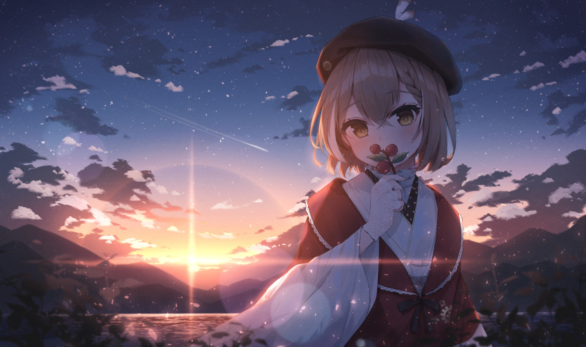 1girl bangs beret berry braid braided_bangs brown_eyes brown_hair clouds cloudy_sky feathers gloves hat highres hololive hololive_english japanese_clothes kimono lace lace_gloves lake lens_flare looking_at_viewer magaqq123 mountain mountainous_horizon multicolored_hair nanashi_mumei official_alternate_costume plant red_shawl ribbon shards shawl short_hair sky star_(sky) starry_sky streaked_hair sunlight twilight virtual_youtuber water white_kimono wide_sleeves