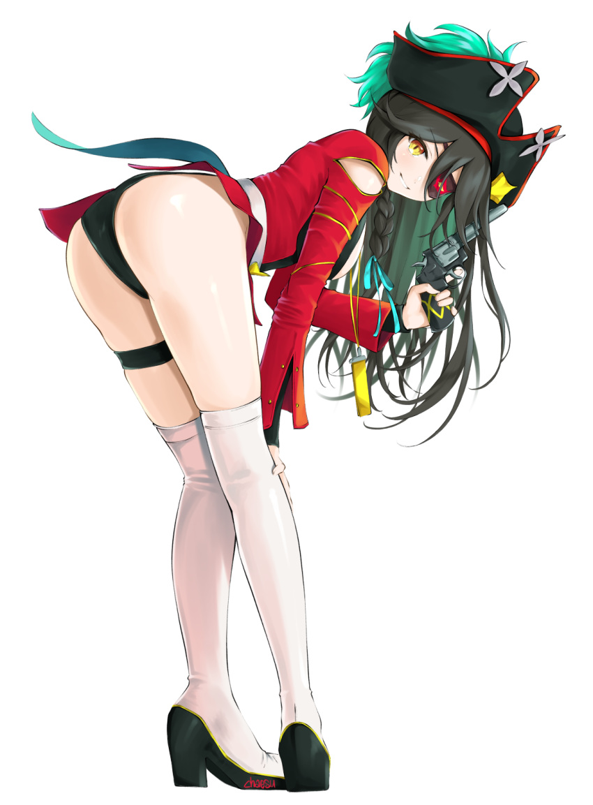 1girl ass bangs bent_over black_footwear black_hair black_headwear black_panties braid chaesu clothing_cutout colored_inner_hair commentary english_commentary epic_seven eyepatch flan_(epic_seven) full_body green_hair grin gun hat high_heels highres holding holding_gun holding_weapon jacket long_hair long_sleeves looking_at_viewer multicolored_hair panties red_jacket revolver shoulder_cutout simple_background single_braid smile solo standing thigh_strap thighs tricorne underwear weapon white_background white_legwear yellow_eyes
