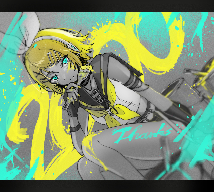 1girl aqua_eyes armlet ascot asymmetrical_gloves bare_legs bare_shoulders black_choker black_gloves blonde_hair bow chain_necklace choker commentary dutch_angle elbow_gloves fingerless_gloves gloves graffiti hair_bow hair_ornament hairclip headphones headset highres holding holding_paintbrush kagamine_rin monochrome pafufu paint paint_can paint_on_clothes paint_on_fingers paint_splatter paint_splatter_on_face paintbrush sailor_collar serious shirt shorts sitting sleeveless sleeveless_shirt solo spot_color vocaloid wiping_face yellow_ascot yellow_nails