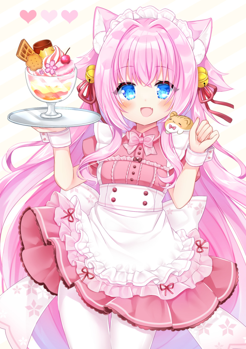 1girl :d animal_ear_fluff animal_ears apron bangs bell blue_eyes blush cat_ears cherry collared_dress commentary_request commission dress eyebrows_visible_through_hair fang food frilled_apron frills fruit hair_bell hair_between_eyes hair_ornament hair_ribbon hands_up highres holding holding_tray jingle_bell long_hair looking_at_viewer original pantyhose pink_dress pink_hair pleated_dress pudding red_ribbon ribbon shikito skeb_commission smile solo tray very_long_hair waffle white_apron white_legwear wrist_cuffs