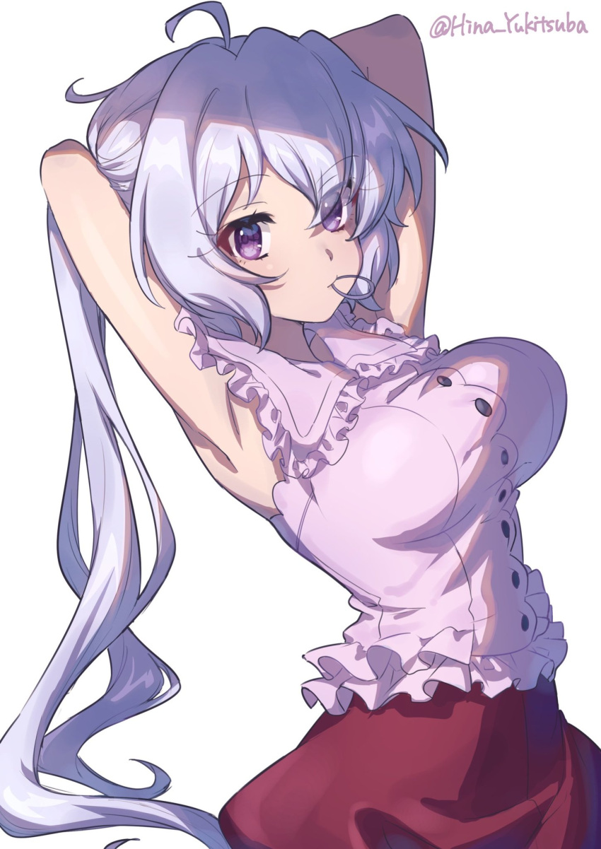 1girl ahoge blouse breasts eyebrows_visible_through_hair highres large_breasts light_purple_hair looking_at_viewer low_twintails senki_zesshou_symphogear shirt solo twintails twitter_username violet_eyes white_background yukine_chris yukitsuba_hina