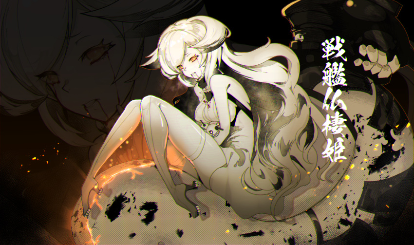 1girl abyssal_ship black_hair breasts colored_skin french_battleship_princess glowing glowing_eyes high_heels highres kantai_collection long_hair medium_breasts multicolored_hair orange_eyes ryuu_tou sideboob solo tail thigh-highs two-tone_hair very_long_hair white_hair white_legwear white_skin