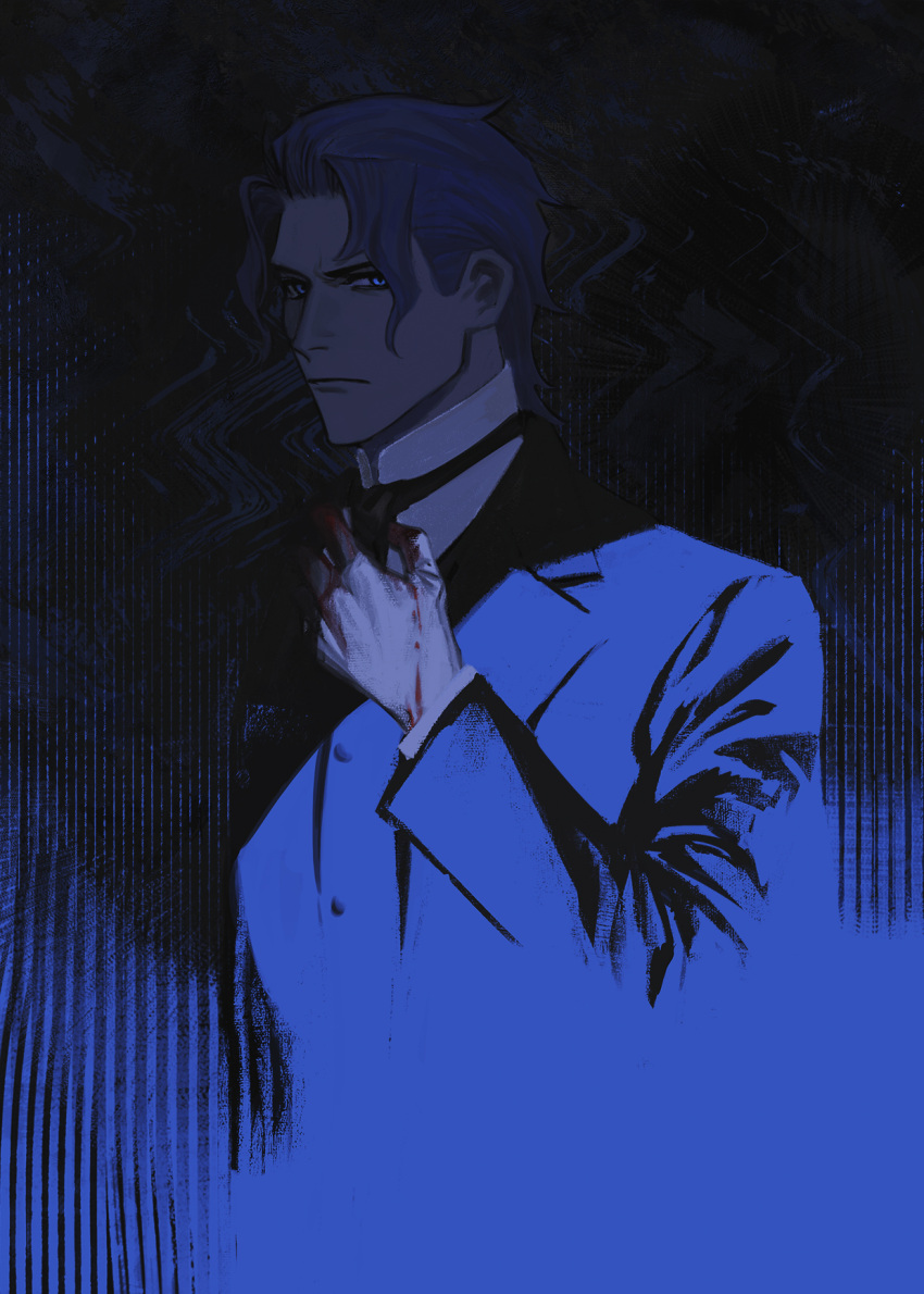 1boy ace_attorney bangs barok_van_zieks blood blood_on_hands blue_background blue_eyes blue_hair blue_jacket blue_theme closed_mouth gloves hand_up highres jacket looking_at_viewer male_focus raycrodu_h short_hair solo the_great_ace_attorney upper_body white_gloves