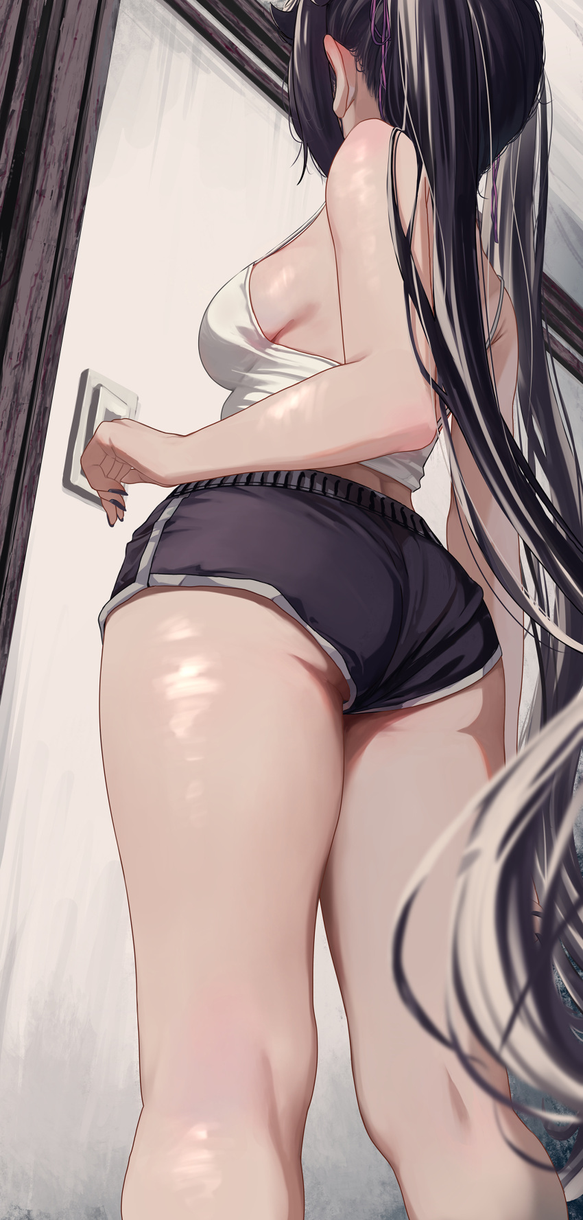 1girl absurdres black_hair black_shorts breasts camisole from_behind from_below hair_ribbon highres long_hair medium_breasts original pink_ribbon priite_hari_(torriet) ribbon shorts solo standing thighs torriet twintails very_long_hair white_camisole