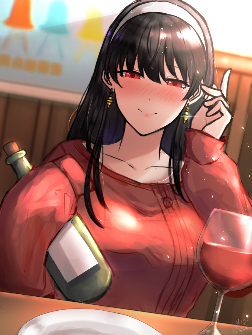 1girl absurdres alcohol black_hair blush bottle breasts cup drinking_glass drunk earrings hairband half-closed_eyes hand_in_own_hair highres jewelry kari224 light_smile long_sleeves looking_at_viewer plate red_eyes sitting sleeves_past_wrists smile spy_x_family table upper_body wine_bottle wine_glass yor_briar
