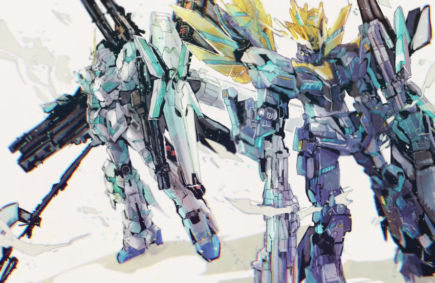 beam_rifle commentary energy_gun full_armor_unicorn_gundam gatling_gun gun gundam gundam_unicorn highres holding holding_gun holding_polearm holding_weapon kare_(0621utak) mecha mobile_suit no_humans nt-d polearm psycho_frame science_fiction shield simple_background standing unicorn_gundam unicorn_gundam_banshee v-fin weapon white_background