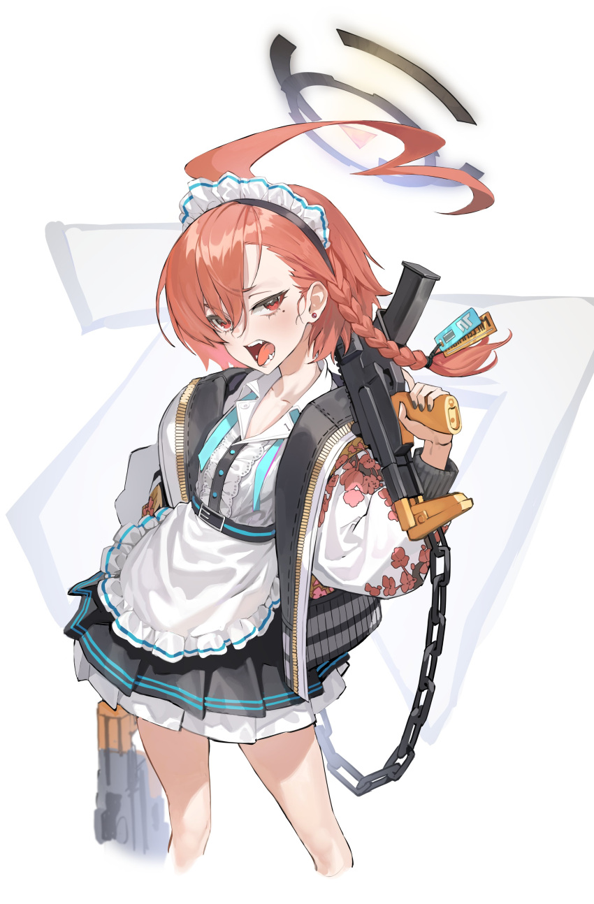1girl absurdres ahoge ammunition apron bangs black_nails black_skirt blue_archive braid breasts buttons chain coat collarbone commentary_request controlline3 cropped_legs earrings feet_out_of_frame frilled_apron frills gun hair_between_eyes hand_up head_tilt highres holding holding_gun holding_weapon jewelry korean_commentary layered_skirt legs long_sleeves looking_at_viewer mole mole_under_eye neru_(blue_archive) open_clothes open_coat open_mouth orange_hair pleated_skirt red_eyes sharp_teeth short_hair_with_long_locks side_braid skirt small_breasts solo stud_earrings teeth tongue tongue_out tsurime weapon white_coat zipper