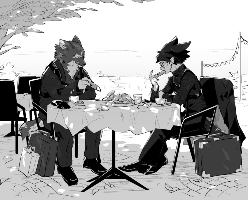 2boys animal_ears arknights black_hair briefcase capone_(arknights) chair eating food from_side full_body fur gambino_(arknights) glasses iwashi_80 monochrome multiple_boys outdoors shade shoes short_hair sitting table tail tongue tongue_out turtleneck wolf_boy wolf_ears wolf_tail