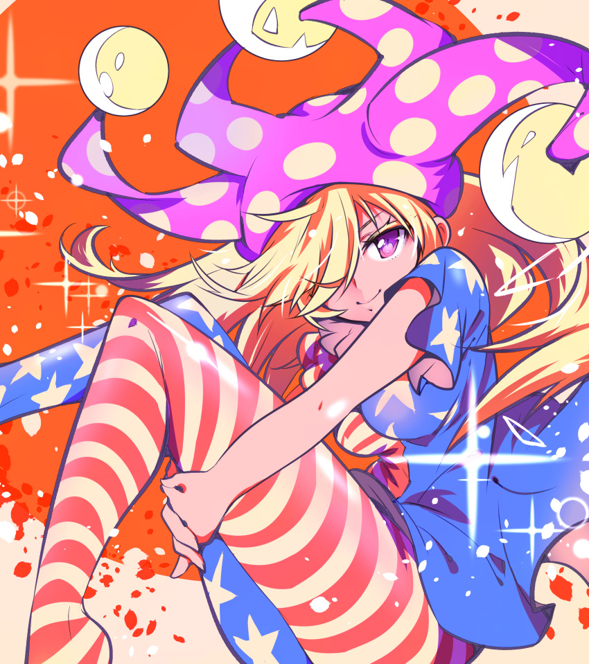 1girl absurdres american_flag_dress american_flag_legwear blonde_hair closed_mouth clownpiece dress fairy hair_over_one_eye hat highres ichizen_(o_tori) jester_cap long_hair looking_at_viewer one-hour_drawing_challenge pantyhose pink_eyes pink_headwear polka_dot polka_dot_headwear short_sleeves smile solo sparkle star_(symbol) star_print striped striped_dress striped_legwear touhou