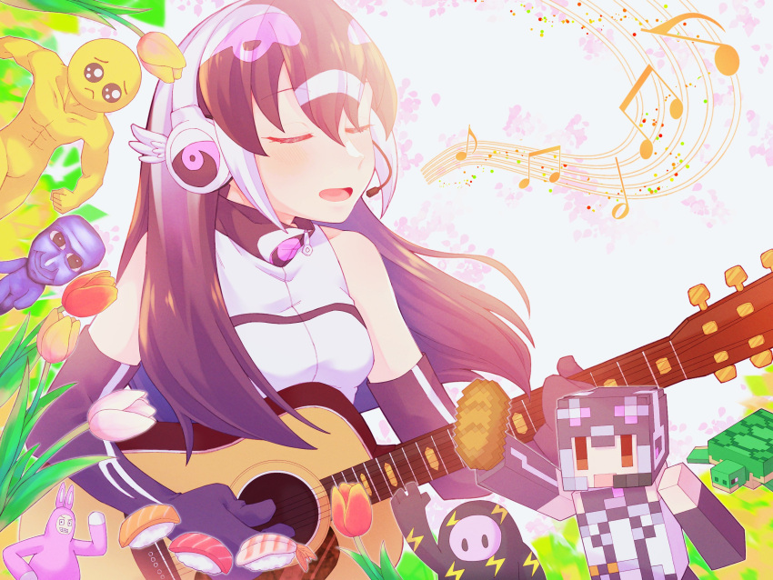 1girl african_penguin_(kemono_friends) animal_costume black_hair closed_eyes gloves guitar hauru_252 headphones highres instrument kemono_friends kemono_friends_v_project long_hair multicolored_hair music open_mouth penguin_costume shirt singing skirt solo straight_hair virtual_youtuber