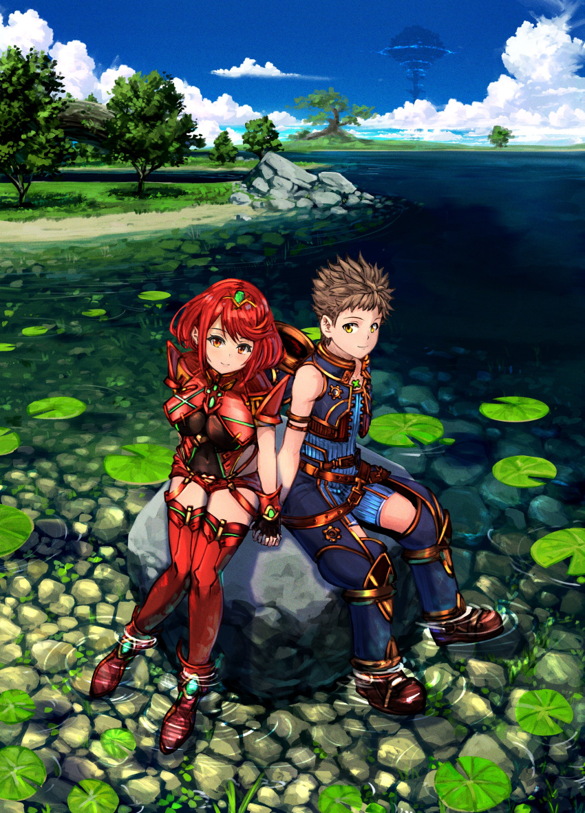 1boy 1girl absurdres bangs black_gloves breasts chest_jewel earrings fingerless_gloves gem gloves headpiece highres jewelry large_breasts poteto_(potetosarada123) pyra_(xenoblade) red_eyes red_legwear red_shorts redhead rex_(xenoblade) short_hair short_shorts shorts swept_bangs thigh-highs tiara xenoblade_chronicles_(series) xenoblade_chronicles_2