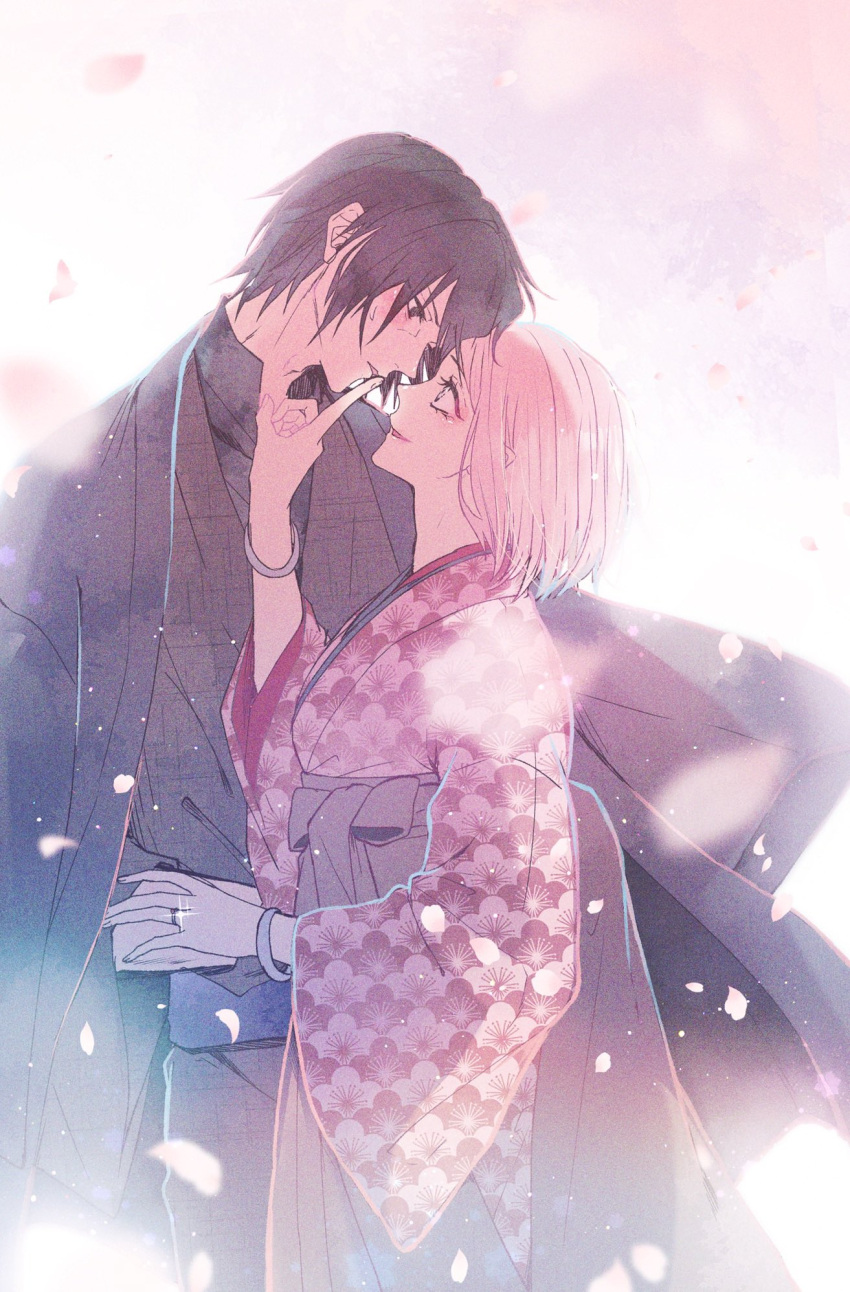 1boy 1girl black_eyes black_hair blush bracelet cherry_blossoms couple falling_petals finger_to_another's_mouth floral_print hand_on_another's_arm haruno_sakura highres japanese_clothes jewelry kimono naruto naruto_(series) parted_lips petals pink_hair ring suzu_(tg_390) sweat uchiha_sasuke upper_body