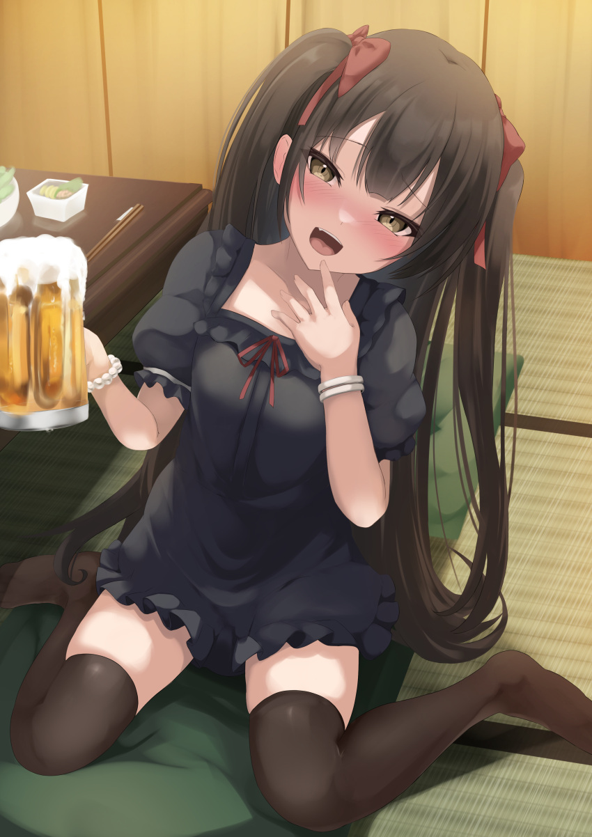 1girl absurdres alcohol beer beer_mug black_dress black_legwear blush bow brown_eyes brown_hair cup dress drunk fang hair_bow hand_to_own_mouth head_tilt highres indoors long_hair looking_at_viewer mug open_mouth original ribbon short_dress sitting skindentation smile solo table tatami thigh-highs thighs two_side_up urabesunahito very_long_hair